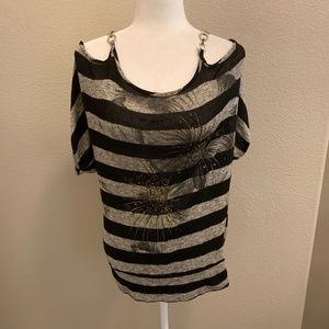 January 7 Cold Shoulder Stripes Knit Top w/ Chains